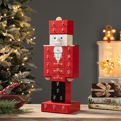 Glitzhome Wooden Christmas Nutcracker Countdown Calendar Decor w/Drawer Table Xmas Ornaments