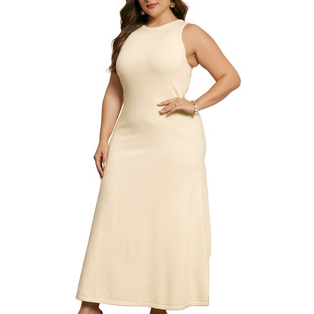 Agnes Orinda Women's Plus Size Knit Crewneck Sleeveless Casual Midi Sweater Dresses 4X Apricot