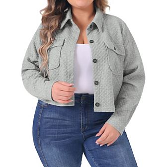 Women's Plus Size Casual Jackets Long Sleeve Button Lightweight Cropped With Pockets