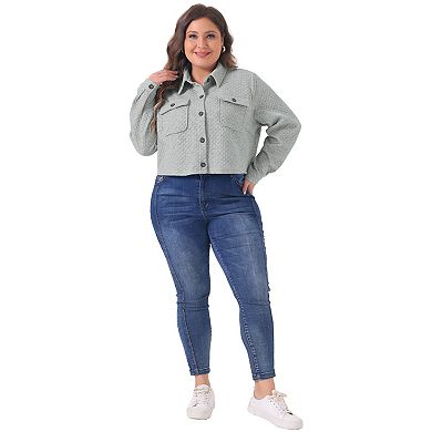 Women's Plus Size Casual Jackets Long Sleeve Button Lightweight Cropped With Pockets