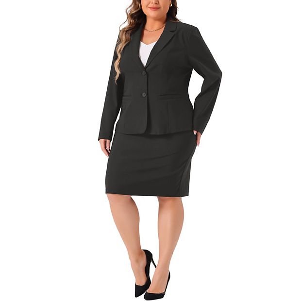Women's Plus Size 2 Piece Pencil Skirt and Notched Lapel Blazers Button Office Business Suit Sets with Pocket - Agnes Orinda 3X Black