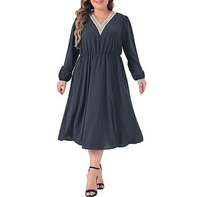 Women s Plus Size Midi Dress V Neck Long Sleeve Flowy Lace Trim Elasticated Waistband