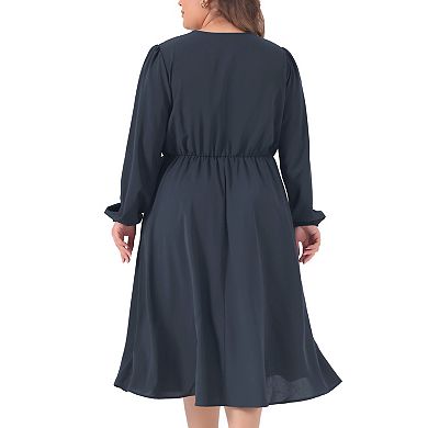Women's Plus Size Midi Dress V Neck Long Sleeve Flowy Lace Trim Elasticated Waistband