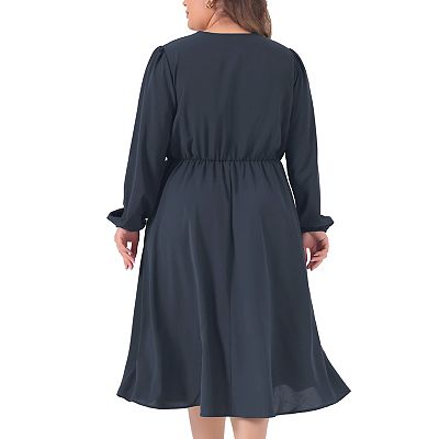 elasticated midi dress Women's Plus Size Midi Dress V Neck Long Sleeve Flowy Lace Trim Elasticated  Waistband