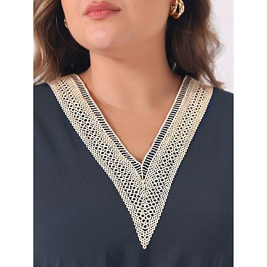 Women's Plus Size Midi Dress V Neck Long Sleeve Flowy Lace Trim Elasticated Waistband