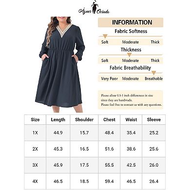 Women's Plus Size Midi Dress V Neck Long Sleeve Flowy Lace Trim Elasticated Waistband