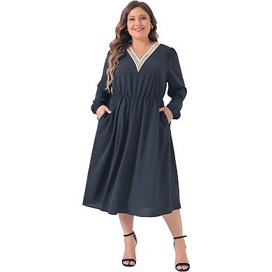 Women's Plus Size Midi Dress V Neck Long Sleeve Flowy Lace Trim Elasticated Waistband