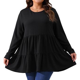 Plus Size Top for Women Ruffle Hem Long Sleeve Crew Neck Peplum Blouse Top