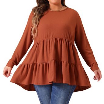 Plus Size Top for Women Ruffle Hem Long Sleeve Crew Neck Peplum Blouse Top