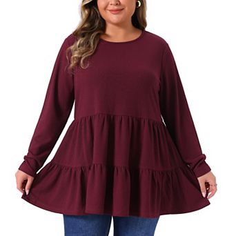 Plus Size Top for Women Ruffle Hem Long Sleeve Crew Neck Peplum Blouse Top