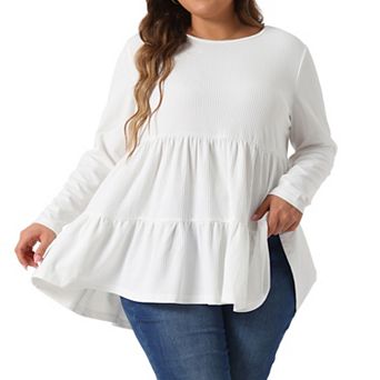 Plus Size Top for Women Ruffle Hem Long Sleeve Crew Neck Peplum Blouse Top