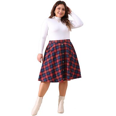 Plus Size A-line Skirt For Women Plaid Elastic High Waist Button Front With Pockets