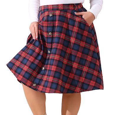 Plus Size A-line Skirt For Women Plaid Elastic High Waist Button Front With Pockets