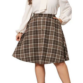 Plus Size A-line Skirt For Women Plaid Elastic High Waist Button Front With Pockets
