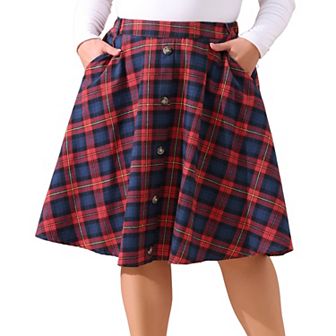 Plus Size A-Line Skirt for Women Plaid Elastic High Waist Button Front with Pockets