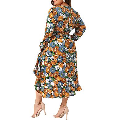 Women's Plus Size A-Line Midi Dress V-Neck Long Sleeve Belted Ruffle Hem Floral