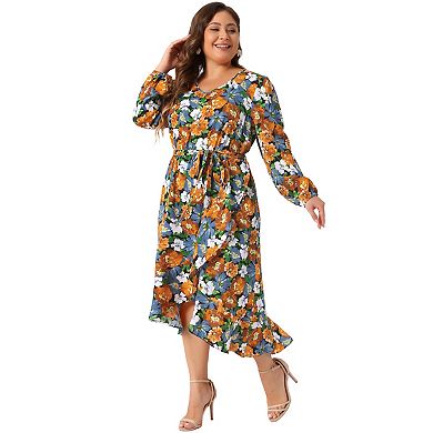 Women's Plus Size A-Line Midi Dress V-Neck Long Sleeve Belted Ruffle Hem Floral