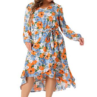 Women's Plus Size A-Line Midi Dress V-Neck Long Sleeve Belted Ruffle Hem Floral