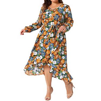 Women's Plus Size A-Line Midi Dress V-Neck Long Sleeve Belted Ruffle Hem Floral