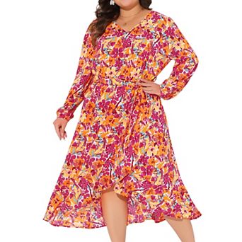 Women's Plus Size A-Line Midi Dress V-Neck Long Sleeve Belted Ruffle Hem Floral