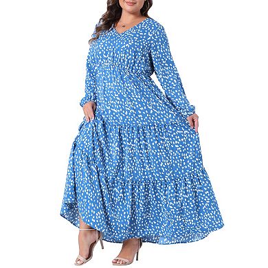 Plus Size Polka Dots for Women Long Maxi Boho Dress Lantern Sleeve Ruffle Hem