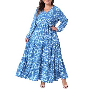 Plus Size Polka Dots for Women Long Maxi Boho Dress Lantern Sleeve Ruffle Hem