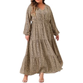 Plus Size Polka Dots for Women Long Maxi Boho Dress Lantern Sleeve Ruffle Hem