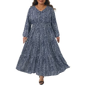 Plus Size Polka Dots for Women Long Maxi Boho Dress Lantern Sleeve Ruffle Hem