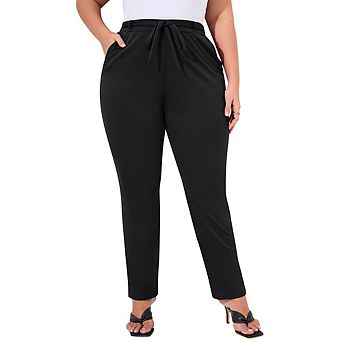 Womens Plus Size Work Pants With Belt Elastic High Waist Casual Pants With Pockets Pencil Leg Pants