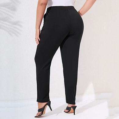 Womens Plus Size Work Pants With Belt Elastic High Waist Casual Pants With Pockets Pencil Leg Pants