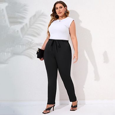 Womens Plus Size Work Pants With Belt Elastic High Waist Casual Pants With Pockets Pencil Leg Pants