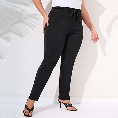 Womens Plus Size Work Pants With Belt Elastic High Waist Casual Pants With Pockets Pencil Leg Pants