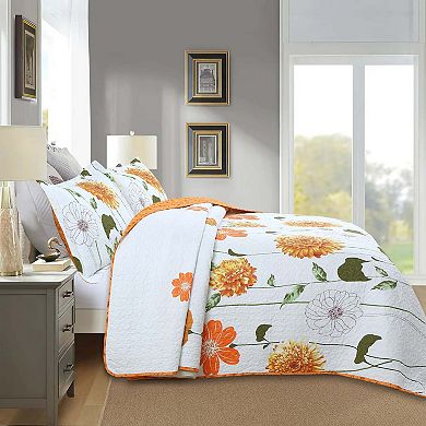 Marcielo 3 Piece 100% Cotton Printed Floral Quilt Set Lightweight Bedspread Set