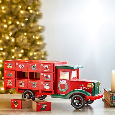 Glitzhome 15"H Wooden Christmas Truck Countdown, Advent Calendar for the Holidays Table Decoration