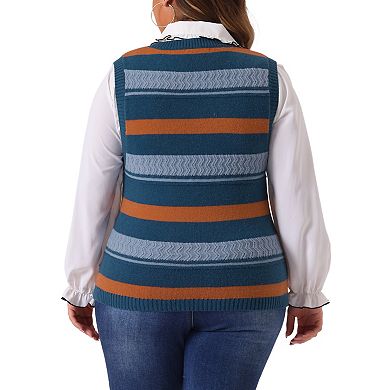 Plus Size Sweaters For Women Sleeveless V Neck Striped Knit Casual Pullover Vests