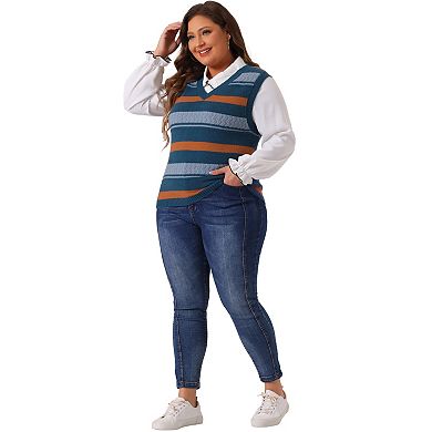 Plus Size Sweaters For Women Sleeveless V Neck Striped Knit Casual Pullover Vests