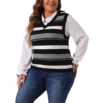 Plus Size Sweaters For Women Sleeveless V Neck Striped Knit Casual Pullover Vests