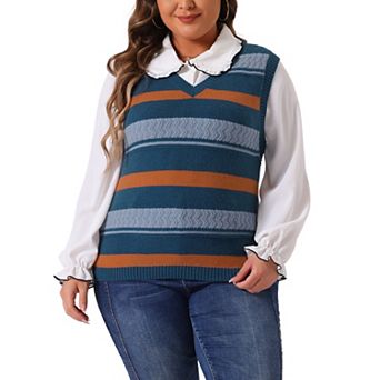 Plus Size Sweaters For Women Sleeveless V Neck Striped Knit Casual Pullover Vests