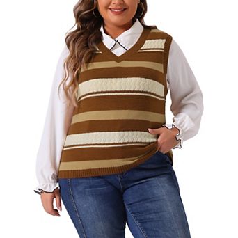 Plus Size Sweaters For Women Sleeveless V Neck Striped Knit Casual Pullover Vests