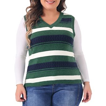 Plus Size Sweaters For Women Sleeveless V Neck Striped Knit Casual Pullover Vests
