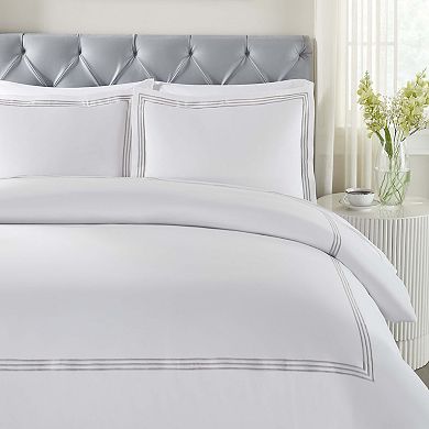 SUPERIOR Brandon Cotton Three-Line Embroidered 3-Piece Duvet Cover Set