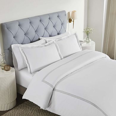 SUPERIOR Brandon Cotton Three-Line Embroidered 3-Piece Duvet Cover Set