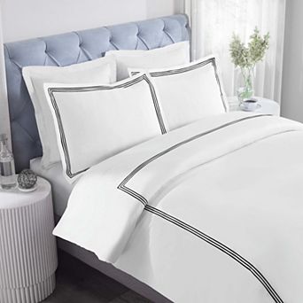 SUPERIOR Brandon Cotton Three-Line Embroidered 3 pc Duvet Cover Set