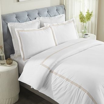 SUPERIOR Brandon Cotton Three-Line Embroidered 3 pc Duvet Cover Set