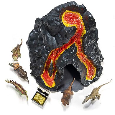 Prextex Lava Painted Volcano House With Hidden Door And Dinosaur Figures