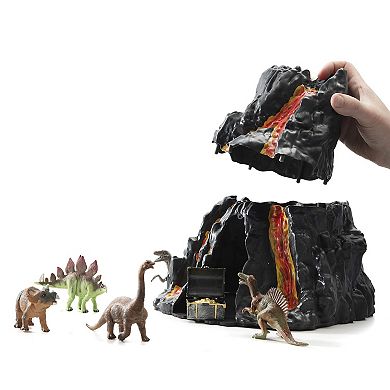 Prextex Lava Painted Volcano House With Hidden Door And Dinosaur Figures