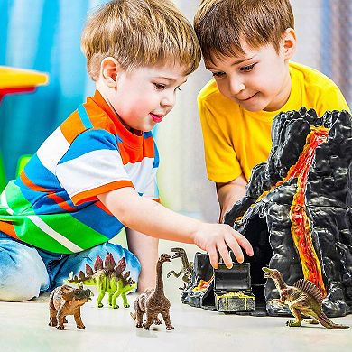 Prextex Lava Painted Volcano House With Hidden Door And Dinosaur Figures