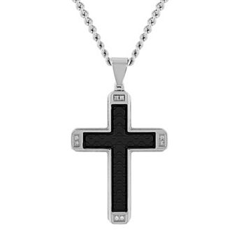 Men's Steel Nation Diamond Accent Black Faux Leather Cross Pendant Necklace