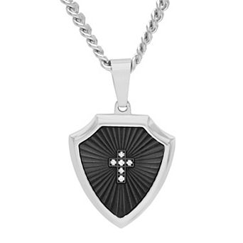 Men's Steel Nation Stainless Steel Diamond Accent Black Ion-Plated Shield Pendant Necklace