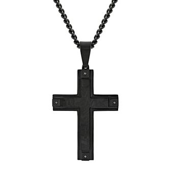 Men's Steel Nation Black Diamond Accent Stainless Steel and Carbon Fiber Cross Pendant Necklace